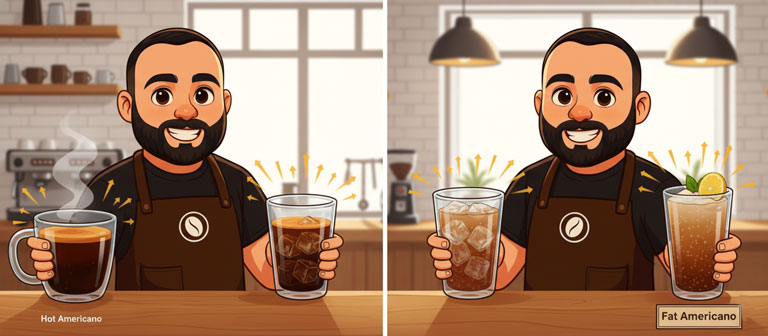 باریستای دم‌یار در حال نمایش انواع قهوه آمریکانو شامل آیس آمریکانو و آمریکانوی گازدار