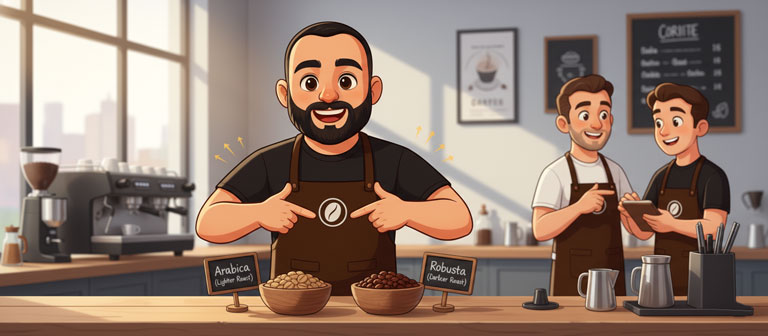 باریستای دم‌یار در حال آموزش انتخاب دانه قهوه عربیکا و روبوستا برای آمریکانو