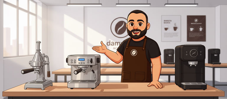 باریستای دم‌یار در حال مقایسه انواع دستگاه اسپرسوساز خانگی (دستی، نیمه اتوماتیک و کپسولی)