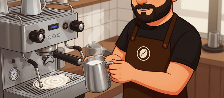 باریستای دم‌یار در حال آموزش فوم گیری شیر (میکروفوم) با نازل بخار دستی