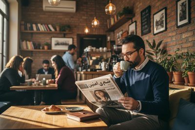 مرد در حال خوردن قهوه درون یک کافی شاپ