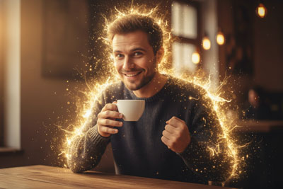 مردی که با نوشیدن یک فنجان قهوه انرژی خوبی گرفته است