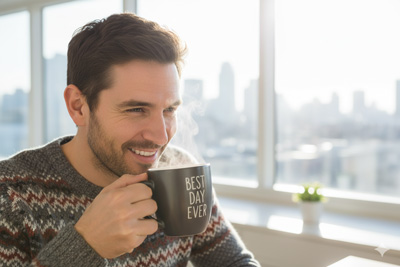 یک مرد در حال نوشیدن یک فنجان قهوه