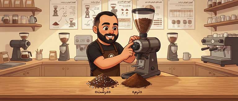 باریستای دم‌یار در حال تنظیم درجه آسیاب قهوه (ریز و درشت) برای رفع مشکل طعم اسپرسو