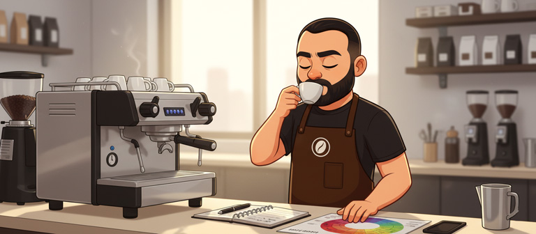 باریستا رهام در حال تست و آنالیز طعم اسپرسو برای عیب‌یابی در آکادمی