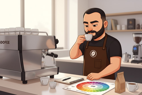 باریستای دم‌یار در حال تست و آنالیز طعم اسپرسو برای عیب‌یابی در آکادمی