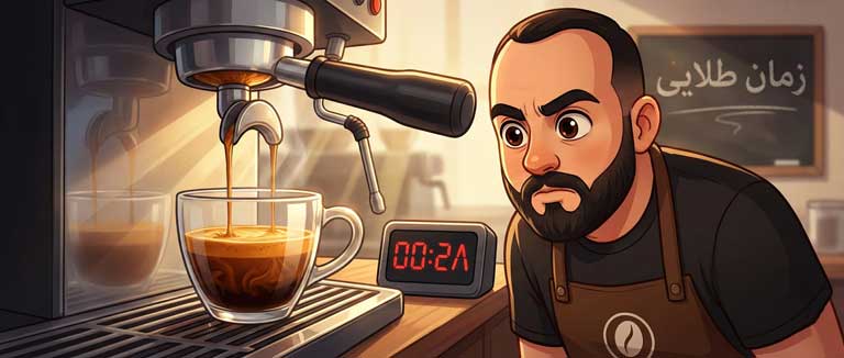 اریستای دم‌یار در حال کنترل زمان استاندارد عصاره‌گیری اسپرسو (۲۸ ثانیه) با تایمر