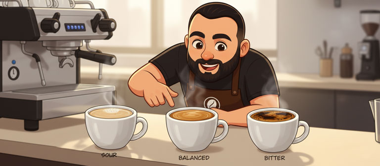 مقایسه سه شات اسپرسو ترش، بالانس و تلخ برای عیب یابی طعم توسط باریستای دم‌یار