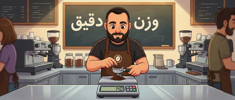 باریستای دم‌یار در حال وزن کردن دقیق دوز قهوه (۱۸ گرم) با ترازوی دیجیتال